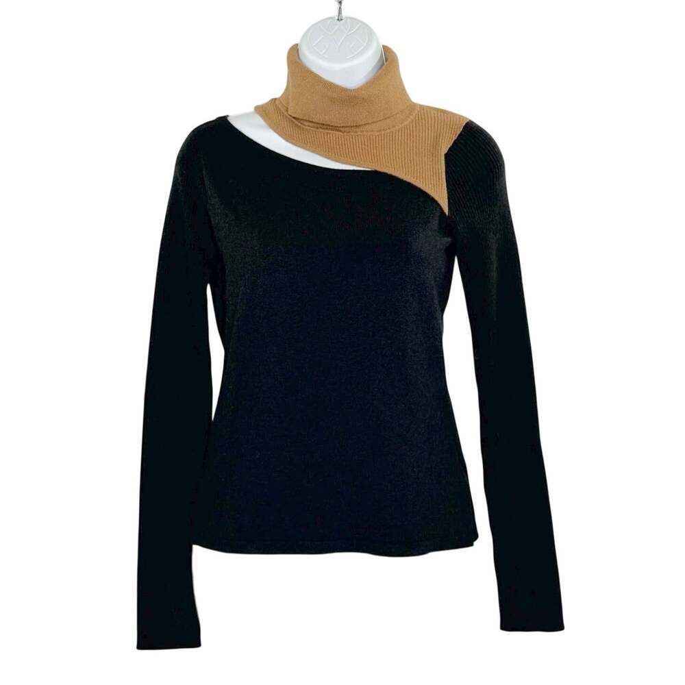 L'Agence Everlee Black Cut-Out Sweater XS Camel Black Asymmetrical Turtleneck